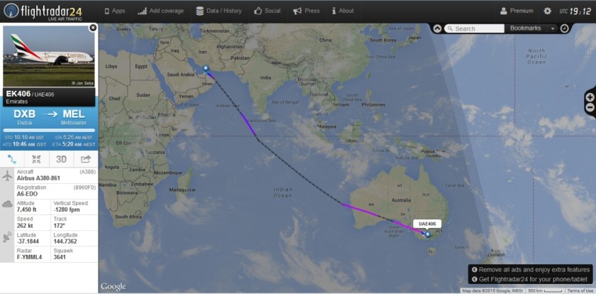 The flight-path from Dubai to Melbourne, mainly above the ocean.