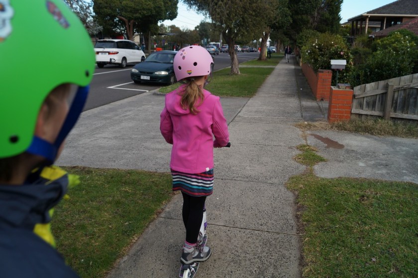 Since the school is only a few hundred meters away - and downhill - taking the scooter is the preferred way of travel.