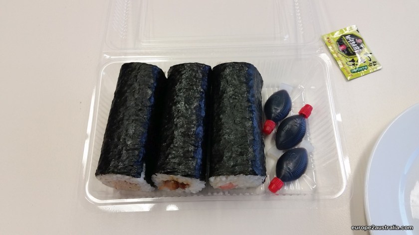 Sushi rolls are a big thing here. You can eat them with your hands and on the go.