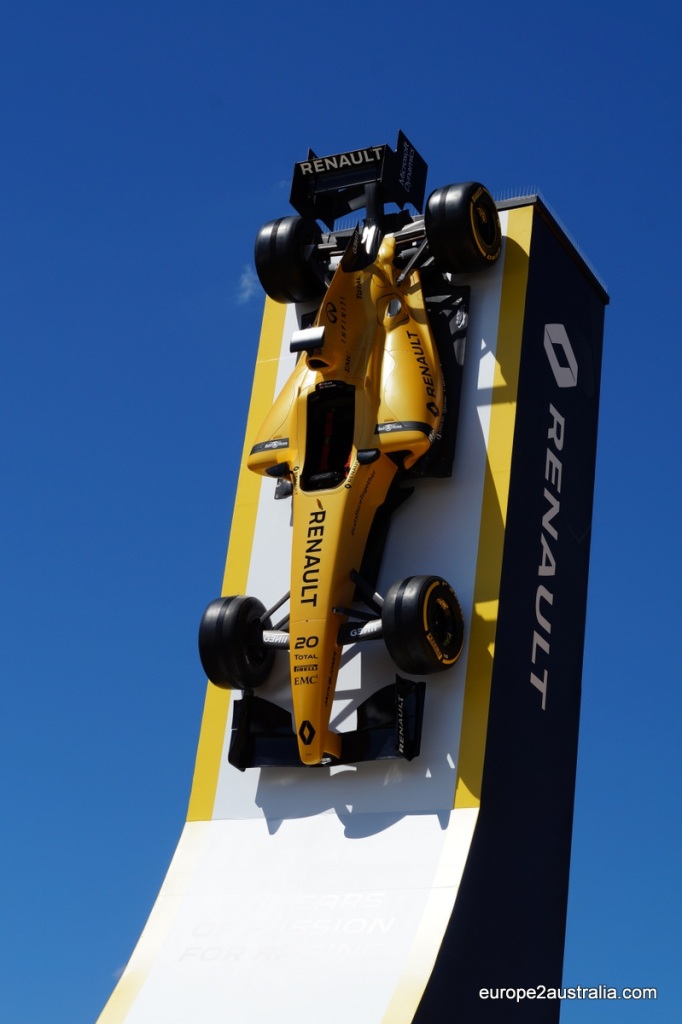 Renault had their car glued to a ramp sticking into the blue sky. Looked pretty cool.
