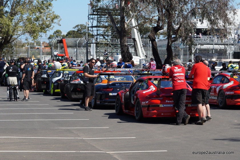 The Porsche Cup was one of the pre-races. Here they are getting ready for their final race of the weekend.