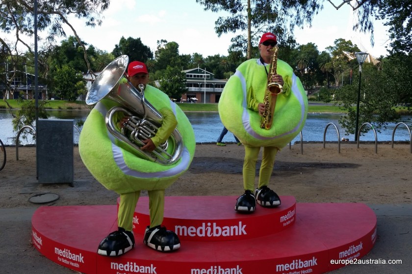 Giant tennis balls playing a bit of early morning jazz.